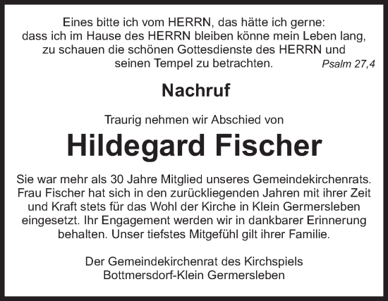 Traueranzeige von Hildegard Fischer von Volksstimme Oschersleben/Wanzleben