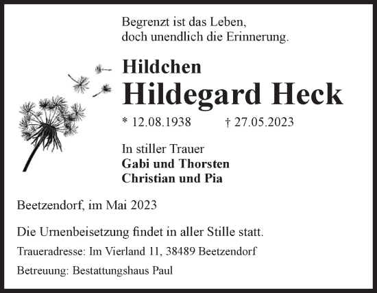 Traueranzeige von Hildegard Heck von Volksstimme Altmark West
