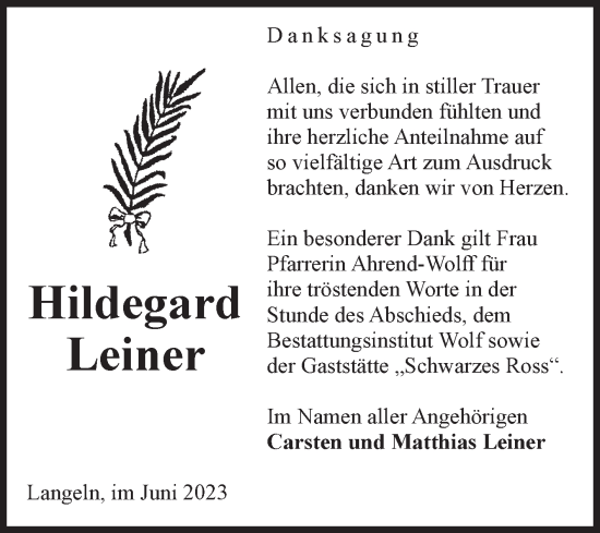 Traueranzeige von Hildegard Leiner von Volksstimme Wernigerode