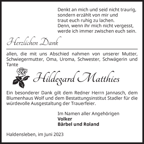Traueranzeige von Hildegard Matthies von Volksstimme Haldensleben/Wolmirstedt