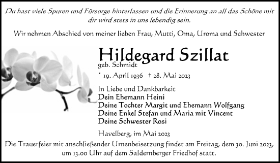 Traueranzeige von Hildegard Szillat von Volksstimme Altmark Ost