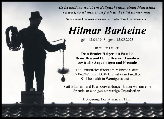 Traueranzeige von Hilmar Barheine von Volksstimme Wernigerode