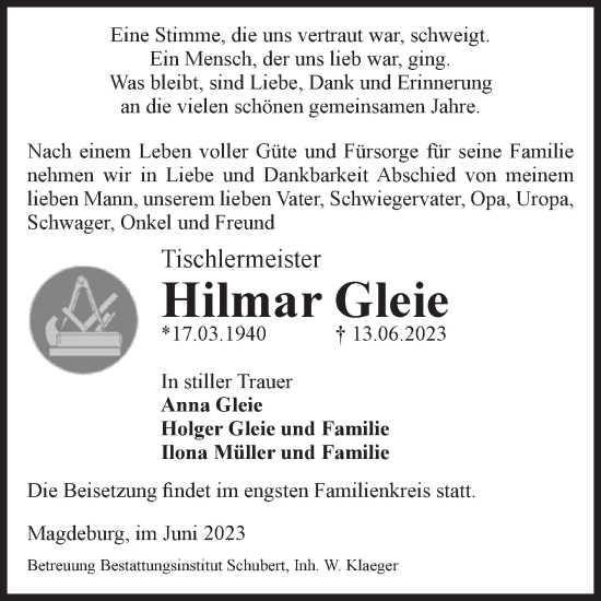 Traueranzeige von Hilmar Gleie von Volksstimme Magdeburg