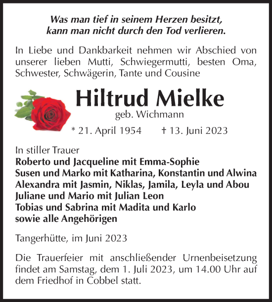 Traueranzeige von Hiltrud Mielke von Volksstimme Altmark Ost