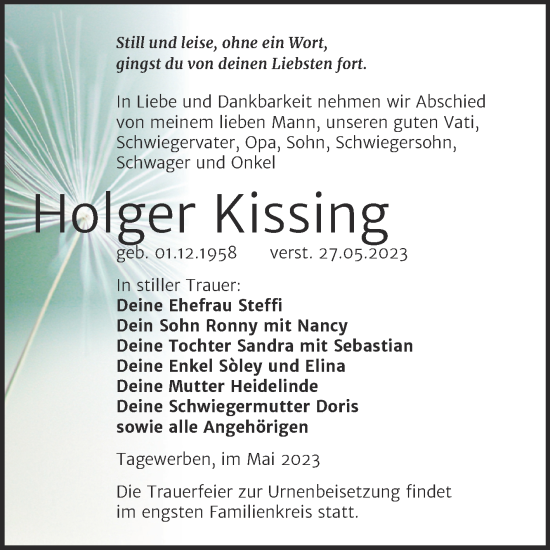 Traueranzeige von Holger Kissing von Trauerkombi Weißenfels