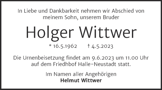 Traueranzeige von Holger Wittwer von Mitteldeutsche Zeitung Halle/Saalkreis