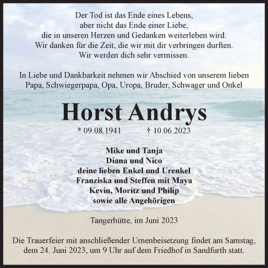 Traueranzeige von Horst Andrys von Volksstimme Altmark Ost