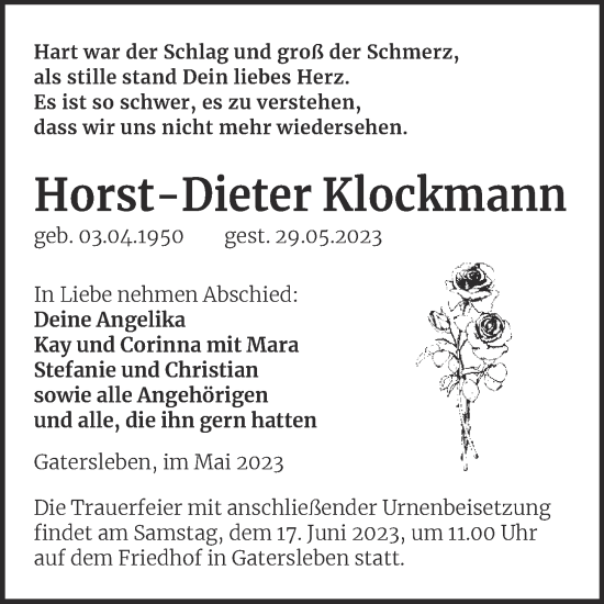 Traueranzeige von Horst-Dieter Klockmann von Trauerkombi Aschersleben