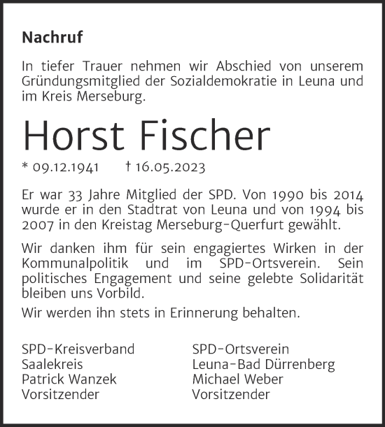 Traueranzeige von Horst Fischer von Mitteldeutsche Zeitung Merseburg/Querfurt