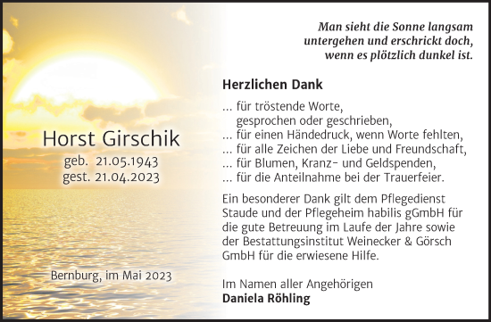 Traueranzeige von Horst Girschik von Trauerkombi Bernburg
