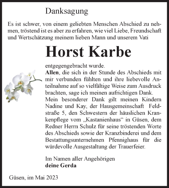 Traueranzeige von Horst Karbe von Volksstimme Burg/Genthin