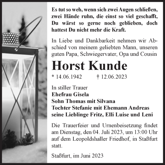 Traueranzeige von Horst Kunde von Volksstimme Staßfurt