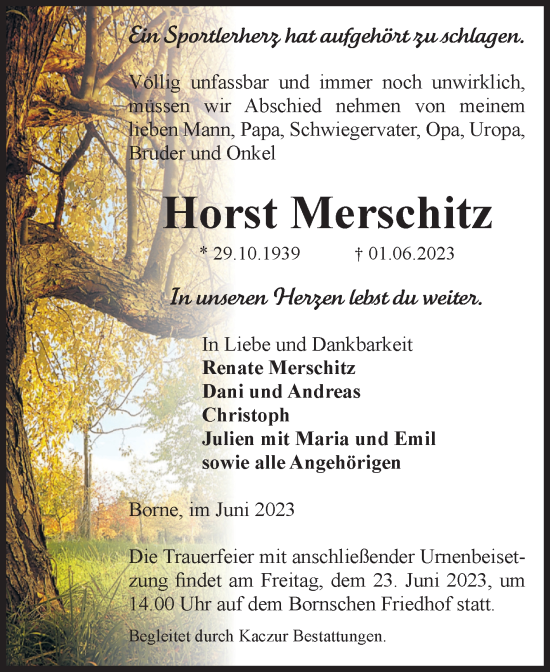 Traueranzeige von Horst Merschitz von Volksstimme Staßfurt