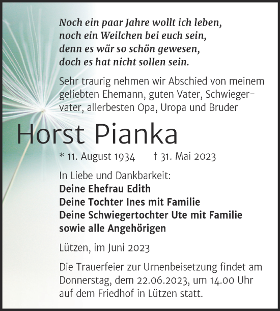Traueranzeige von Horst Pianka von Trauerkombi Weißenfels