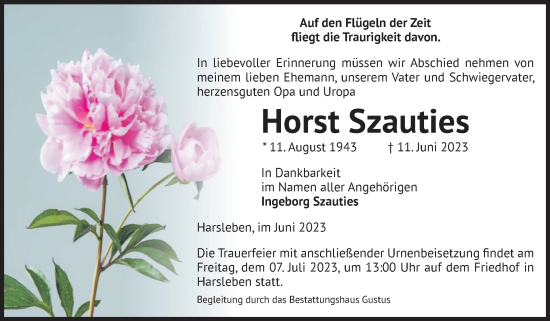 Traueranzeige von Horst Szauties von Volksstimme Halberstadt