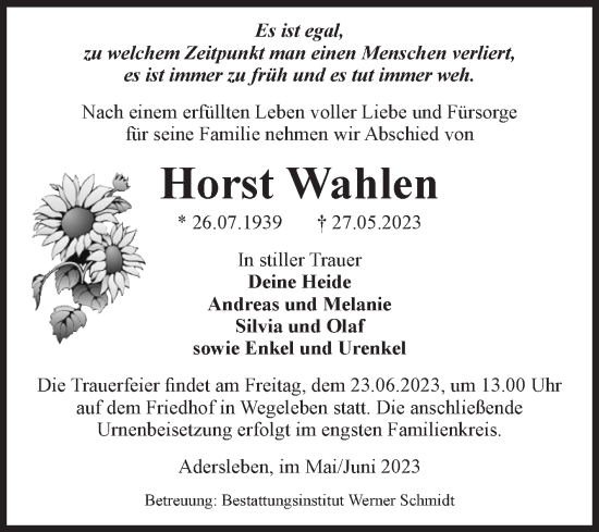 Traueranzeige von Horst Wahlen von Volksstimme Halberstadt