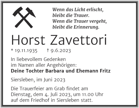 Traueranzeige von Horst Zavettori von Trauerkombi Mansfelder Land