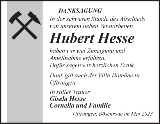 Traueranzeige von Hubert Hesse von Trauerkombi Sangerhausen