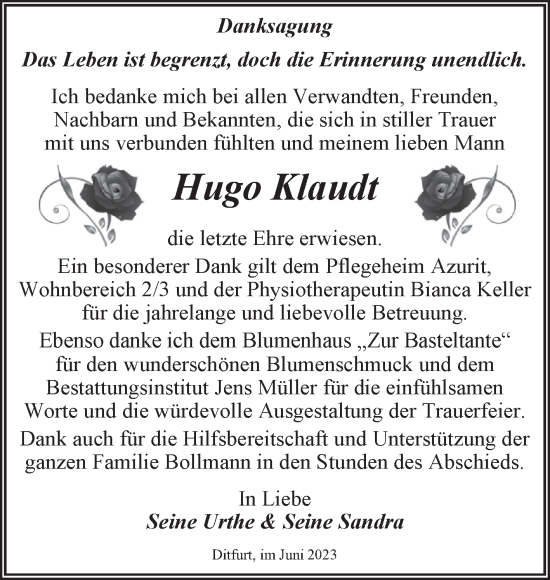 Traueranzeige von Hugo Klaudt von Trauerkombi Quedlinburg