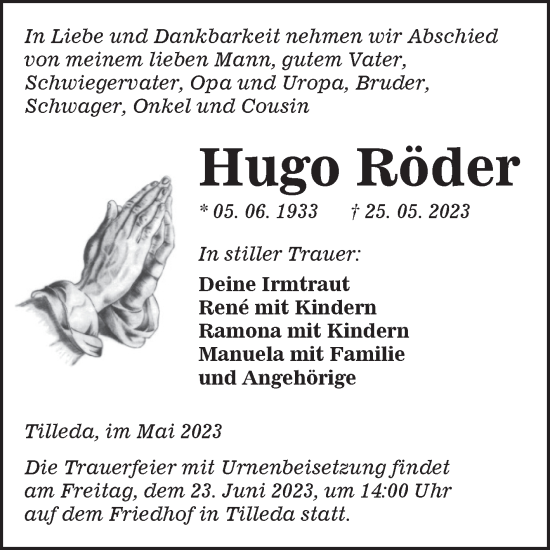 Traueranzeige von Hugo Röder von Trauerkombi Sangerhausen