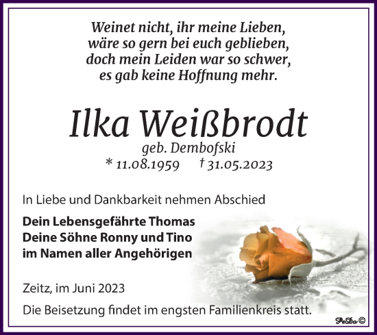 Traueranzeige von Ilka Weißbrodt von Trauerkombi Zeitz