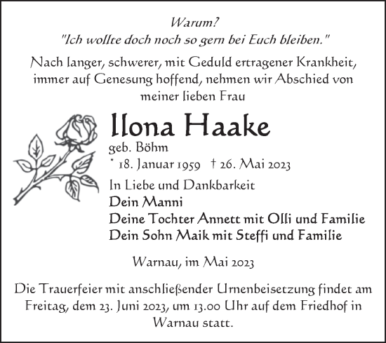 Traueranzeige von Ilona Haake von Volksstimme Altmark Ost