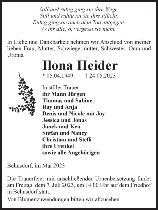 Traueranzeige von Ilona Heider von Volksstimme Haldensleben/Wolmirstedt