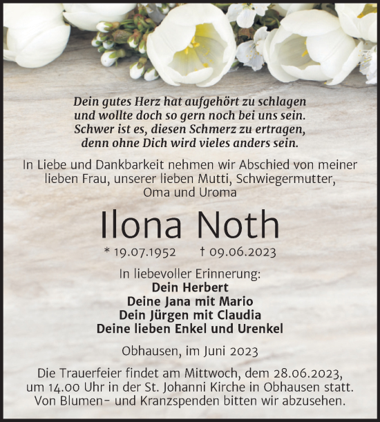 Traueranzeige von Ilona Noth von Trauerkombi Merseburg