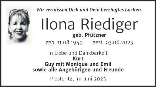 Traueranzeige von Ilona Riediger von Trauerkombi Wittenberg
