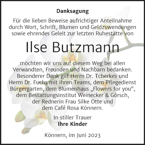 Traueranzeige von Ilse Butzmann von Trauerkombi Bernburg