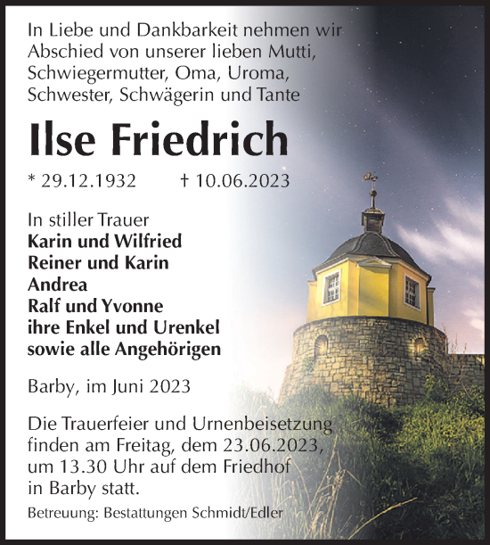 Traueranzeige von Ilse Friedrich von Volksstimme Schönebeck