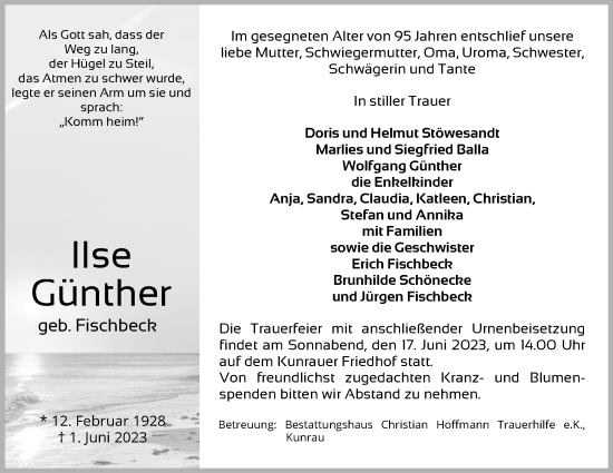 Traueranzeige von Ilse Günther von Volksstimme Altmark West