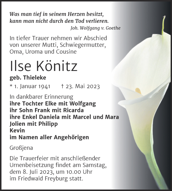 Traueranzeige von Ilse Könitz von Wochenspiegel Naumburg/Nebra