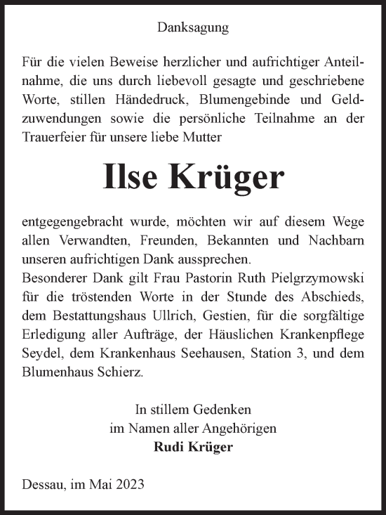 Traueranzeige von Ilse Krüger von Volksstimme Altmark Ost