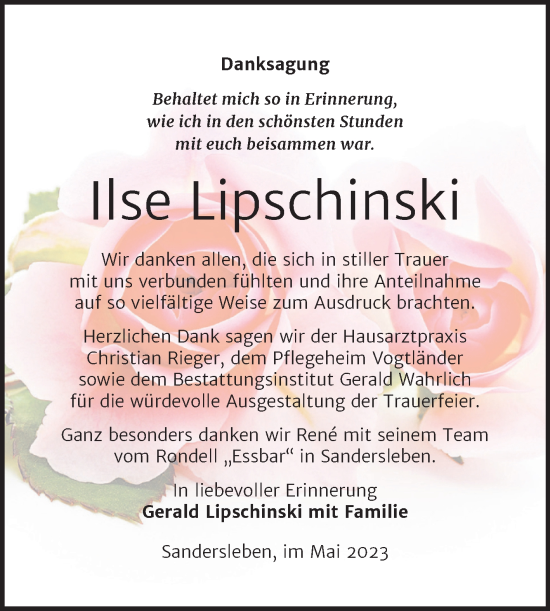 Traueranzeige von Ilse Lipschinski von Trauerkombi Mansfelder Land