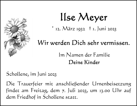 Traueranzeige von Ilse Meyer von Volksstimme Altmark Ost