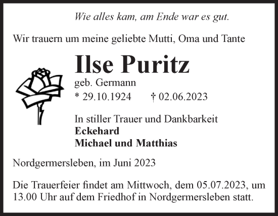 Traueranzeige von Ilse Puritz von Volksstimme Haldensleben/Wolmirstedt