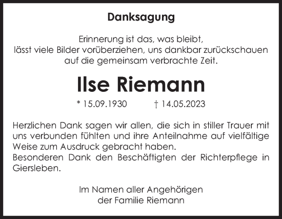 Traueranzeige von Ilse Riemann von Volksstimme Staßfurt