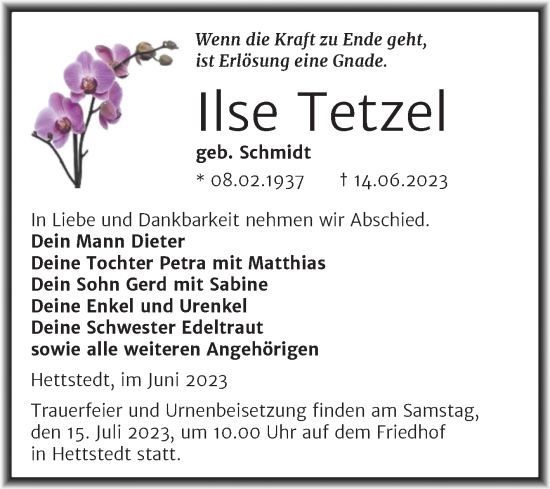 Traueranzeige von Ilse Tetzel von Trauerkombi Mansfelder Land