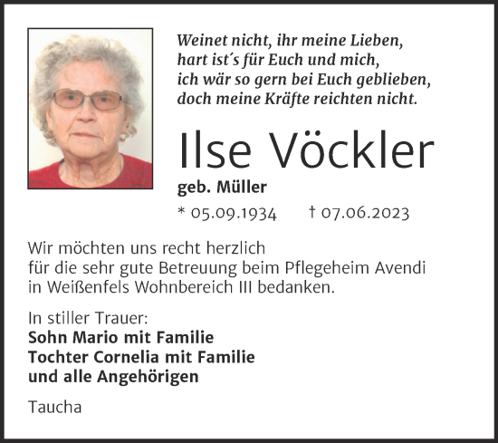 Traueranzeige von Ilse Vöckler von Trauerkombi Weißenfels