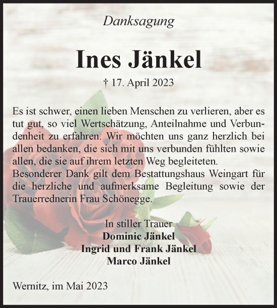 Traueranzeige von Ines Jänkel von Volksstimme Altmark West