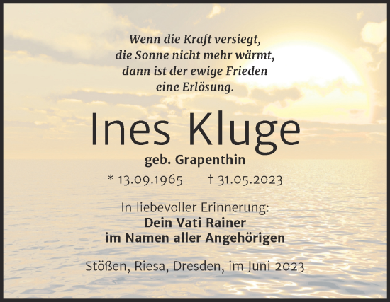 Traueranzeige von Ines Kluge von Wochenspiegel Naumburg/Nebra
