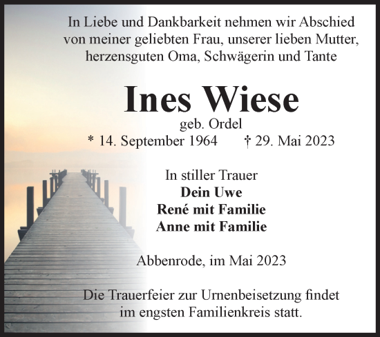 Traueranzeige von Ines Wiese von Volksstimme Wernigerode