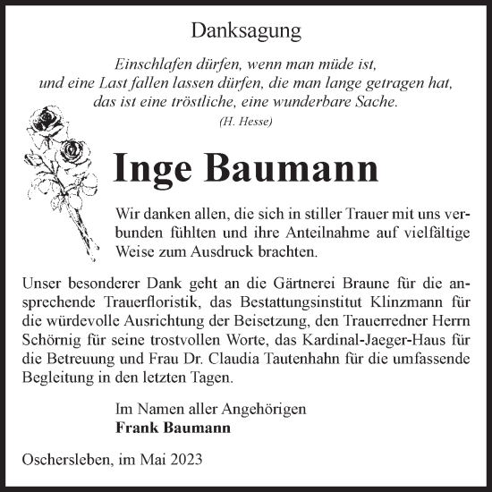 Traueranzeige von Inge Baumann von Volksstimme Oschersleben/Wanzleben