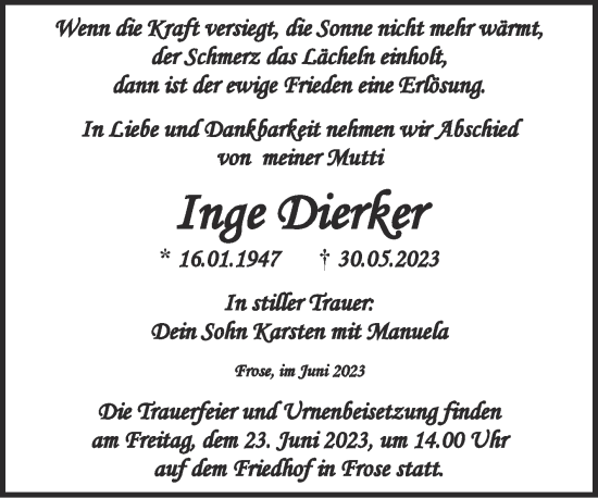 Traueranzeige von Inge Dierker von Trauerkombi Aschersleben