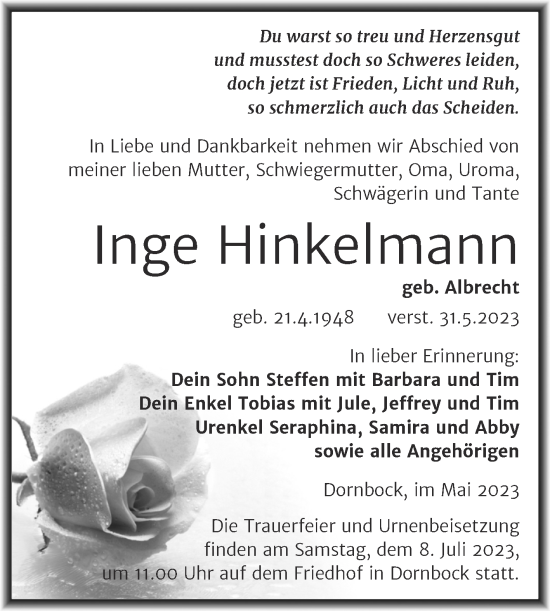Traueranzeige von Inge Hinkelmann von Trauerkombi Köthen