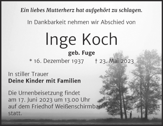 Traueranzeige von Inge Koch von Trauerkombi Merseburg