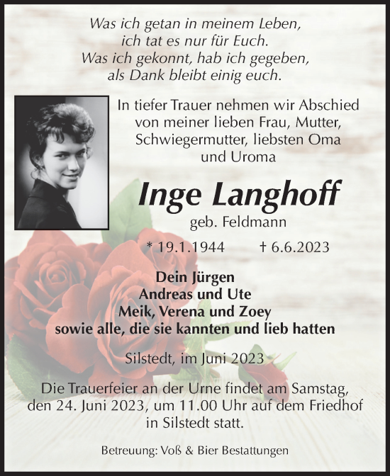 Traueranzeige von Inge Langhoff von Volksstimme Wernigerode