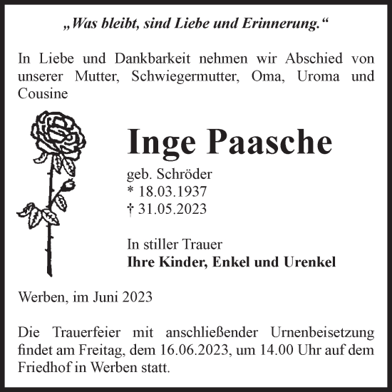 Traueranzeige von Inge Paasche von Volksstimme Altmark Ost