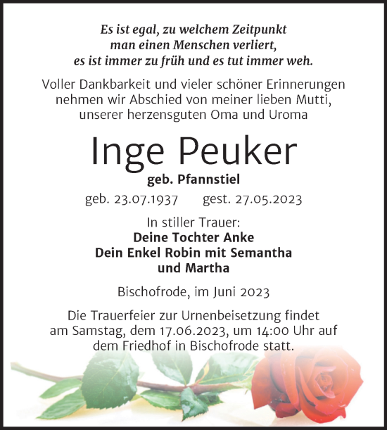 Traueranzeige von Inge Peuker von Trauerkombi Mansfelder Land
